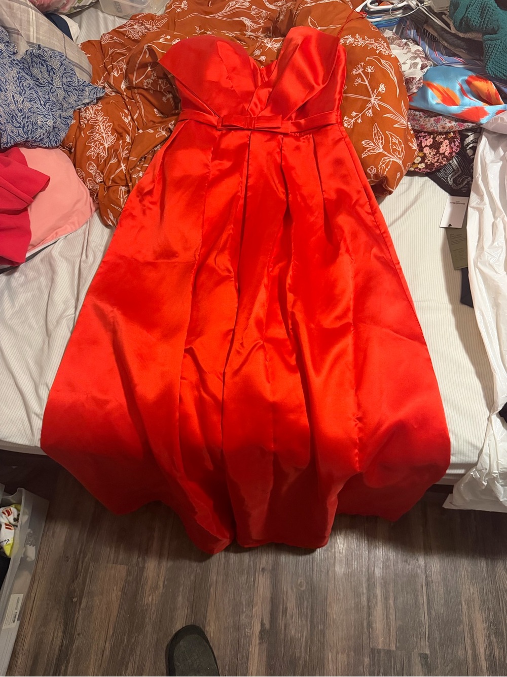 Red Satin Strapless Prom Dress with Structured Bodice